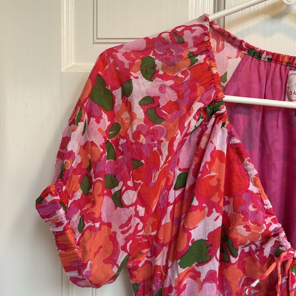 BANJANAN Norma Dress Womens XL Pink Floral Maxi Cotton Short Sleeve Pockets - Picture 4 of 8